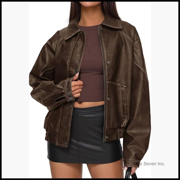 Jackets & Blazers - Faux Leather Bomber Jacket Women Oversized Moto Biker Zip Up